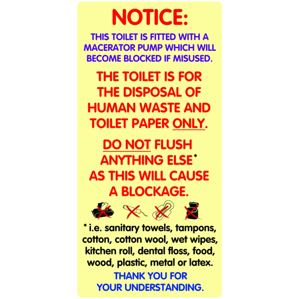 Photo of a sticker for a macerator based Toilet